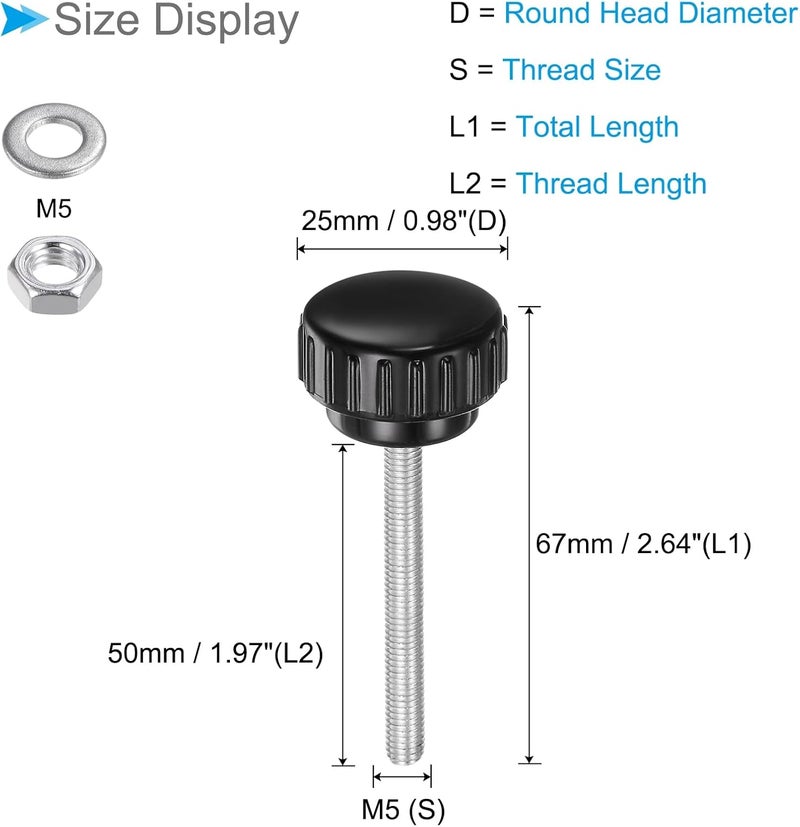CoCud Thumb Screw Knurled Knobs Set, M5 x 50mm Male Thread 25mm Head, Clamping Screw Threaded Stud Hand Knobs Grip Kit with Nuts Washers, (Applications: for Machinery Lathes), 4-Set - Image 2
